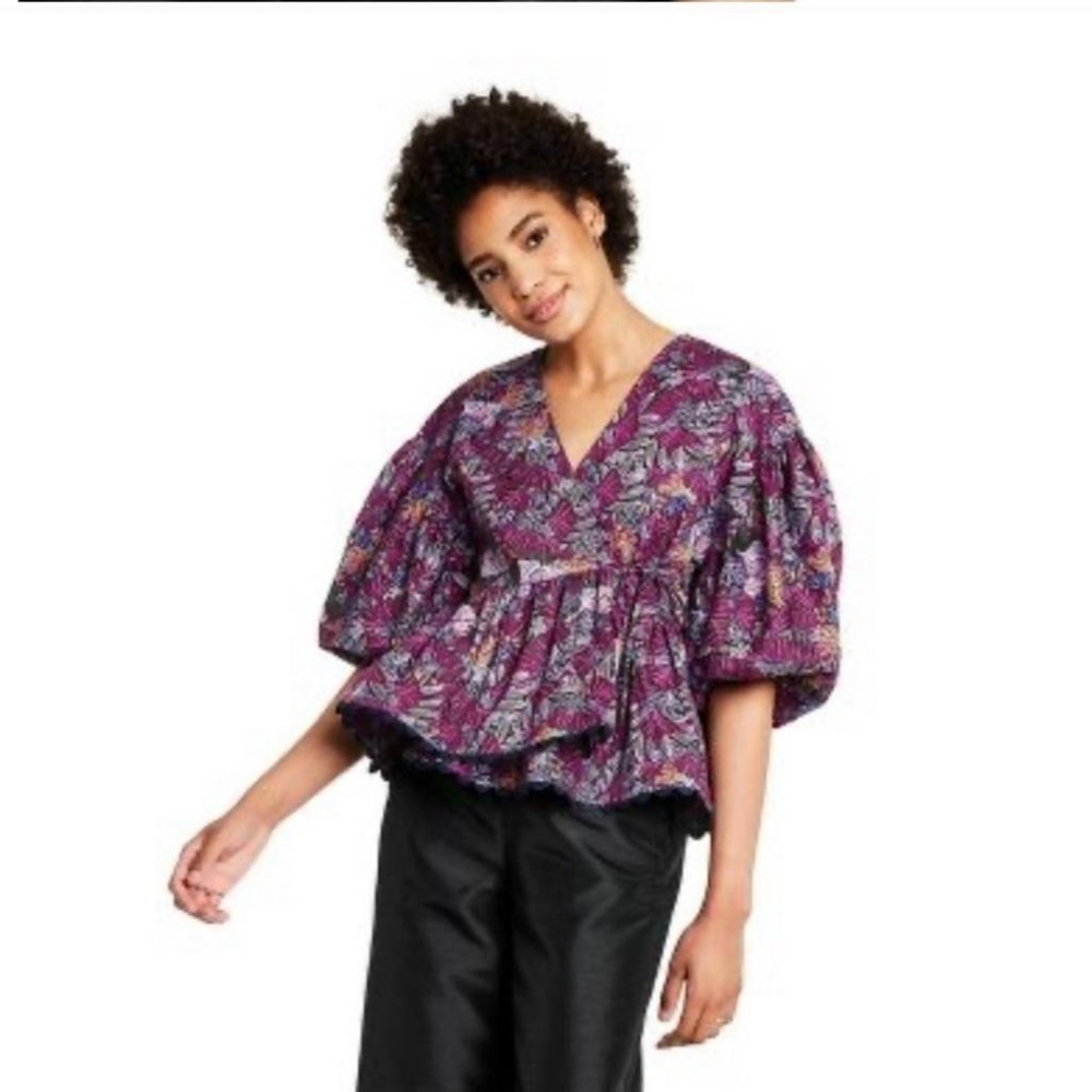 Women’s Puff Sleeve Coral Reef Scallop Wrap Blouse Kika Vargas Purple Size XXS